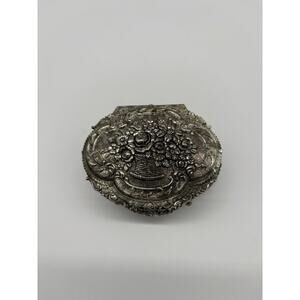 Vintage Silver Tone Ornate Jewelry Casket Trinket Box Red Velvet Lined
